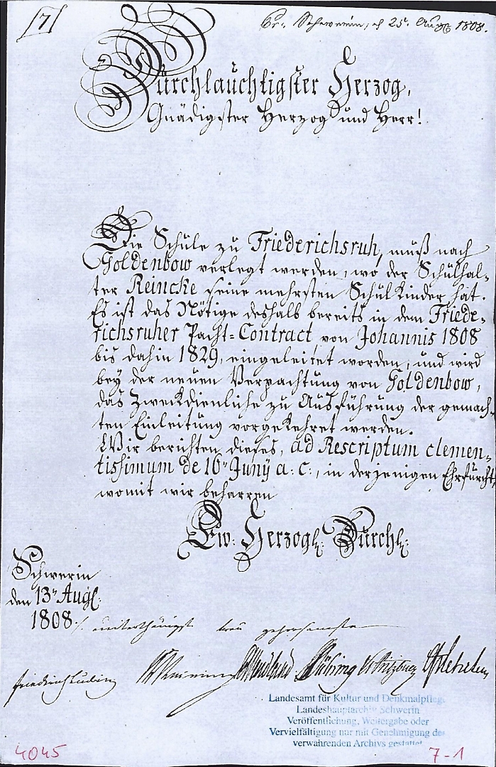 Urkunde zur Verlegung der Schule nach Goldenbow aus dem Jahre 1808