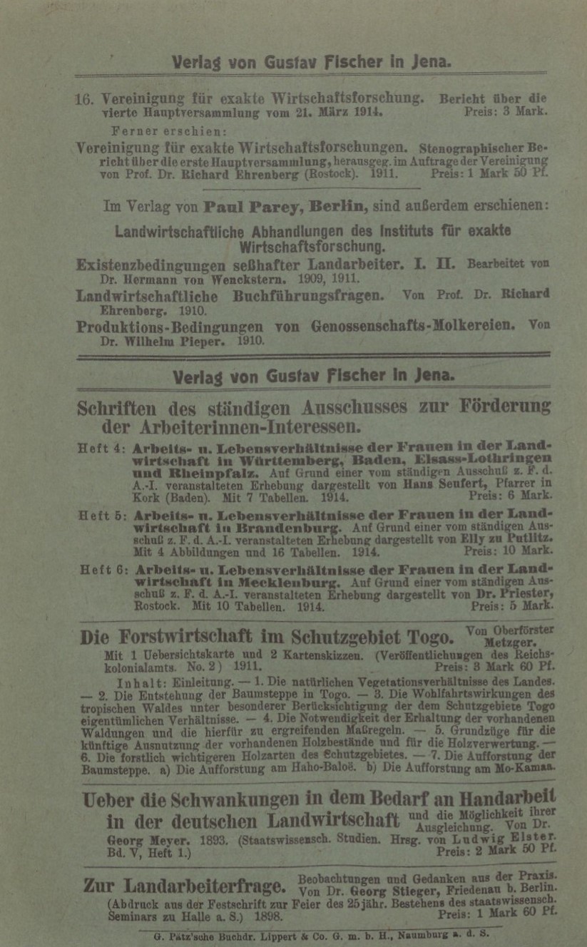"Zur Forstarbeiterfrege in Mecklenburg" Adolf von Oertzen 1914 117