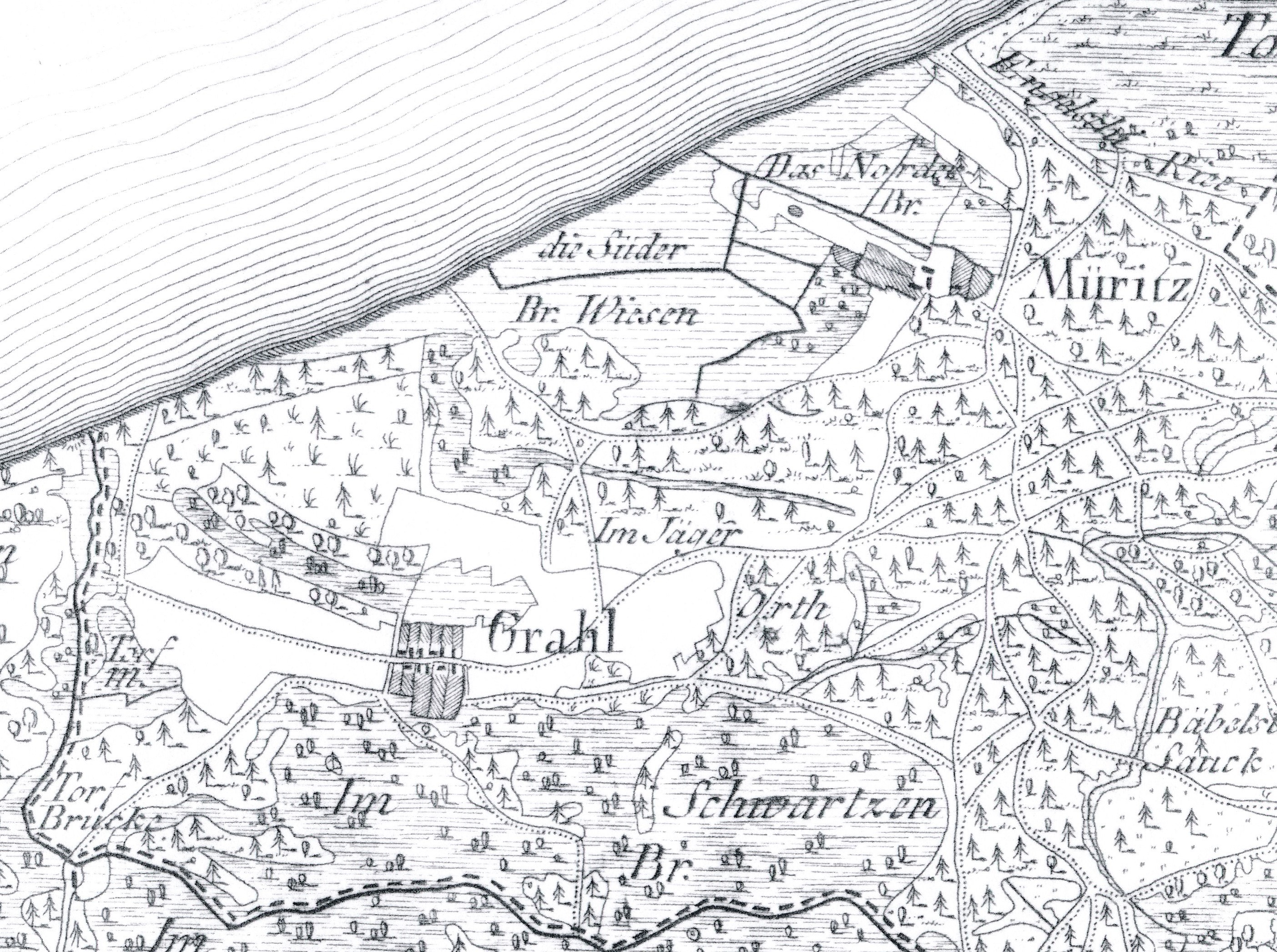 Das Dorf Grahl und der Hof Müritz in der Schmettau-Karte 1788
