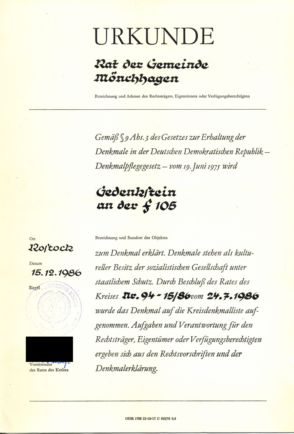 In dieser Urkunde wird der Gedenkstein am Abzweig Häschendorf zum Denkmal erklärt. Quelle: Gemeinde Mönchhagen