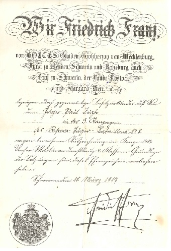 Urkunde Pal Jürß 1. Weltkrieg
