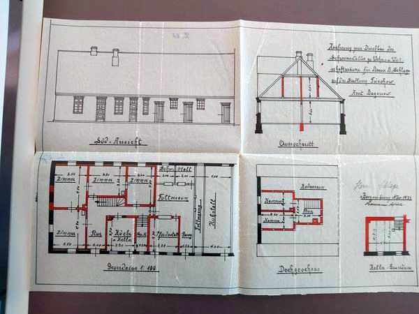 Bauzeichnunfür den Durchbau einer Scheune für Hermann Schlage. LHAS, Archiv Greve