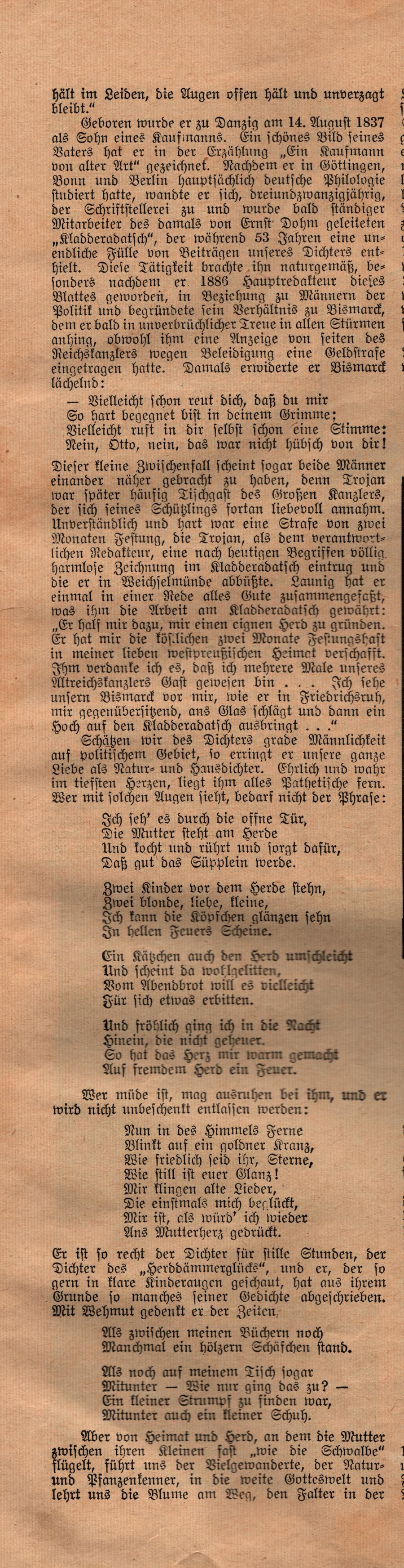 Nachruf zu Johannes Trojan in "Daheim" 1915 03