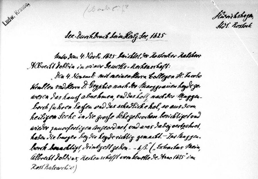 RH Die Zerstörung des Gebäudes am Schleusendamm im Weidenmoor südwestlich des Heiligen Sees bei der Sturmflut am 4. November 1625