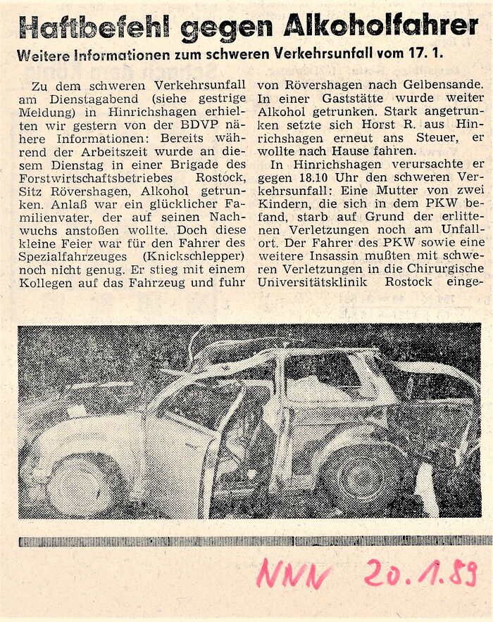 RH Tragischer Unfall bei Hinrichshagen NNN 20.01. 1989