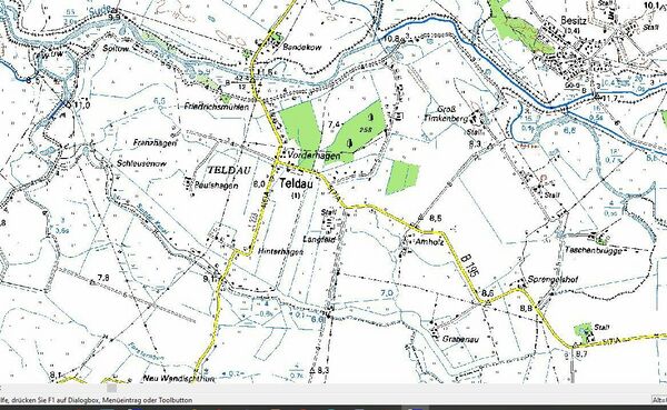 Die Teldau in einer modernen Karte (TOP 50). Auf der Karte sind die Büdnersiedlungen und die Höfe der Teldau benannt. Sammlung Greve, Quelle: LvermA MV