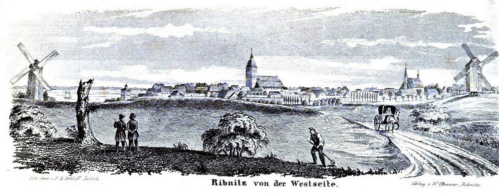 Ribnitz Gesamtansicht von Südwest nach der Tott-Chronik von 1853