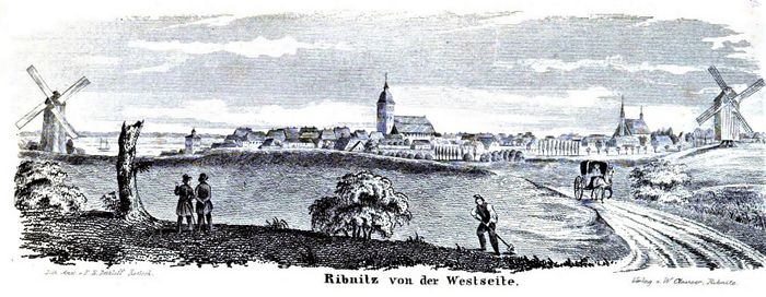 Ribnitz Gesamtansicht von Südwest nach der Tott-Chronik von 1853