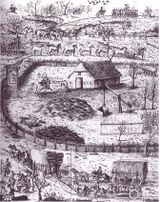 Zeitgenössische Darstellung der Zwangsrekru- tierung mecklenburger Bauern durch preußische Husaren im Siebenjährigen Krieg (Wikipedia)