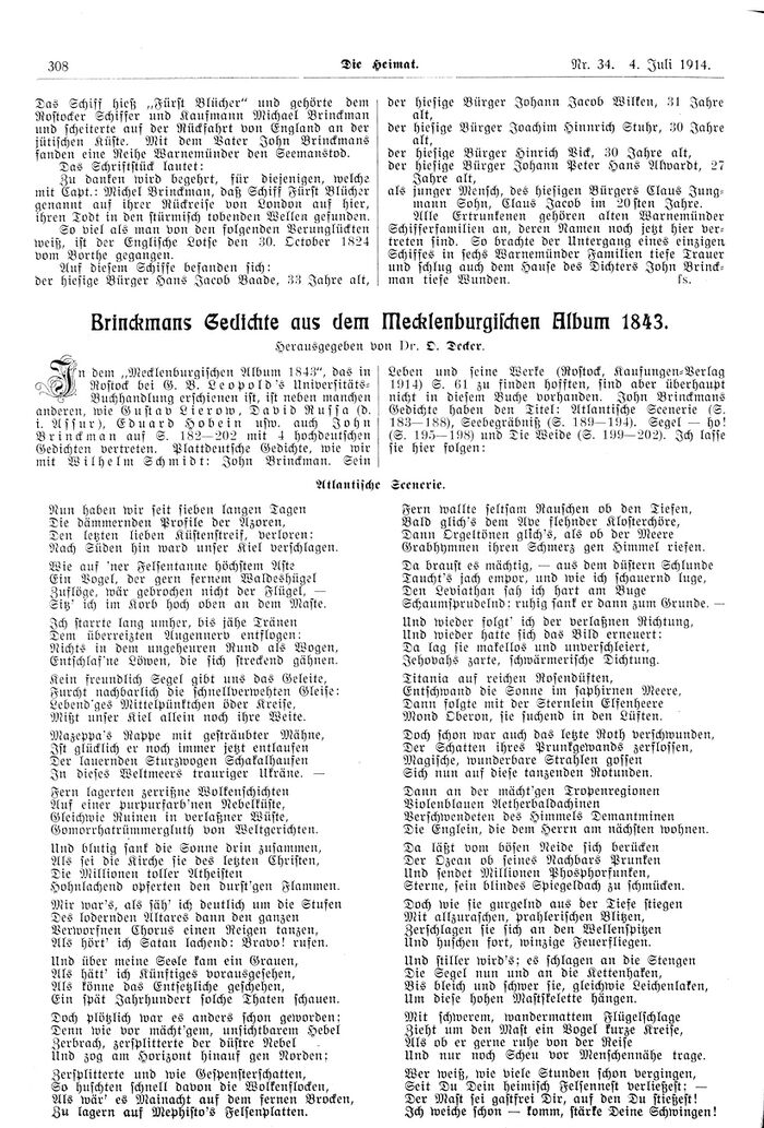 Wmde "John Brinckman - Taun´n 100. Geburtstag (3.Juli 1914)" S308