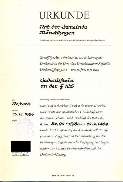 Datei:Moenchhagen Urkunde Gedenkstein 1986.jpeg
