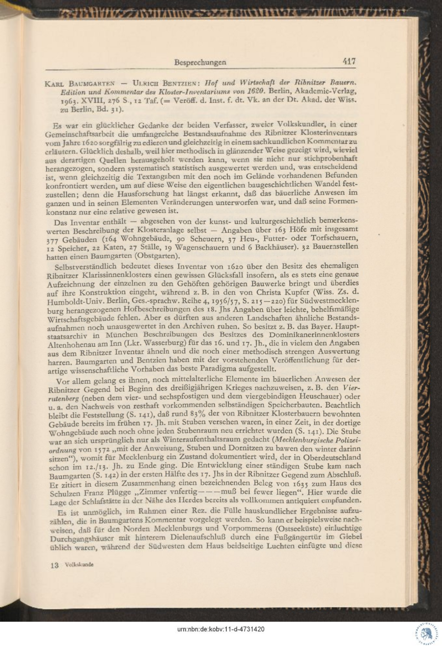 Baumgarten 1964 Rezension zu Hof und Wirtschaft Ribnitzer Bauern 417