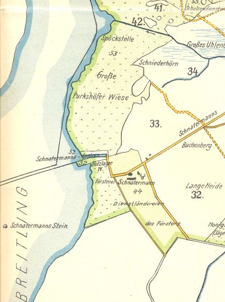 Datei:Auszug Schnatermann mit Spöckstelle nördlich davon sowie dem richtigen Standort des Schnatermann-Steins Flurnamenkarte L Krause 1924.jpeg