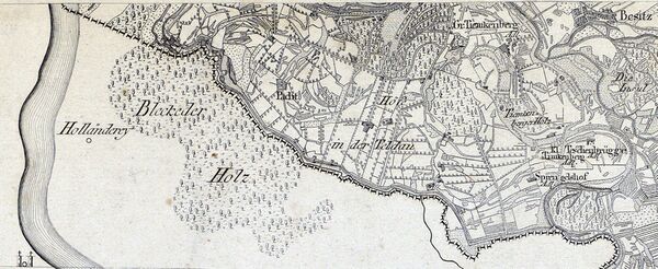 Die Teldau in der Schmettauschen Karte etwa 1786. Die Karte zeigt sowohl die Flüsse Elbe und Sude als auch die Deiche und die Höfe der Teldau, größtenteils unbenannt. Sammlung Greve.