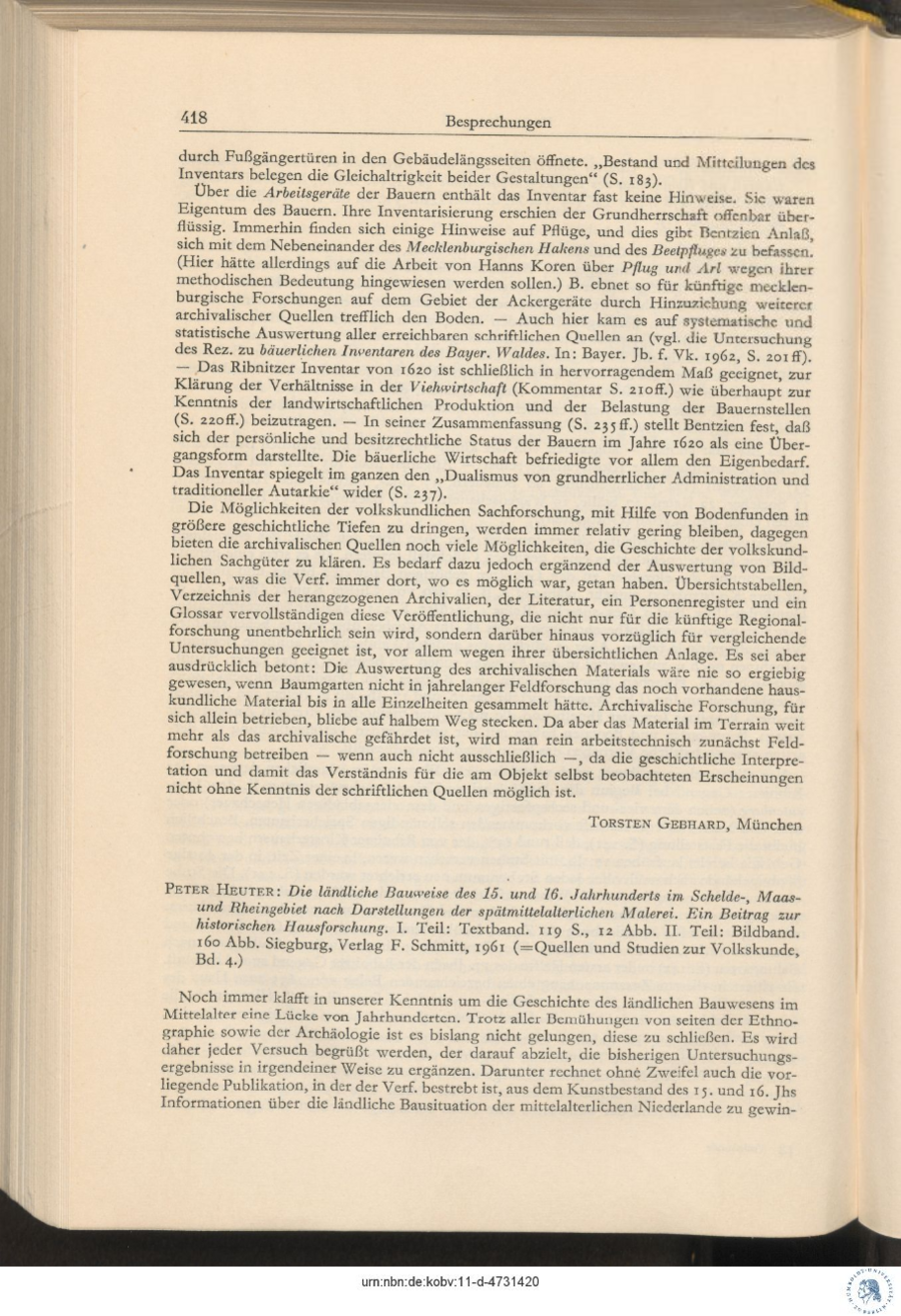 Baumgarten 1964 Rezension zu Hof und Wirtschaft Ribnitzer Bauern 418