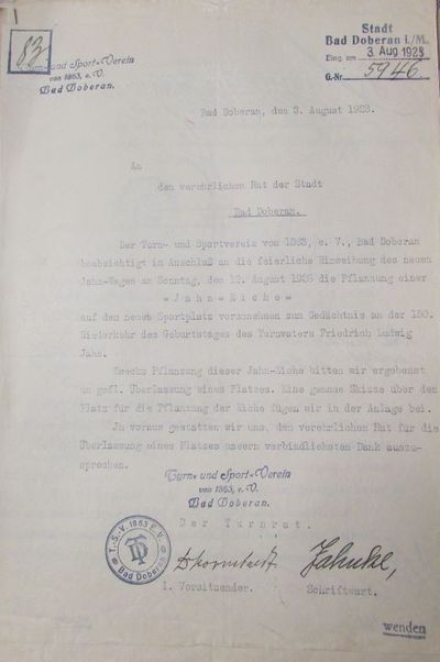 Antrag zur Pflanzung einer "Jahneiche" 1928 zur Einweihung am 12.August 1928