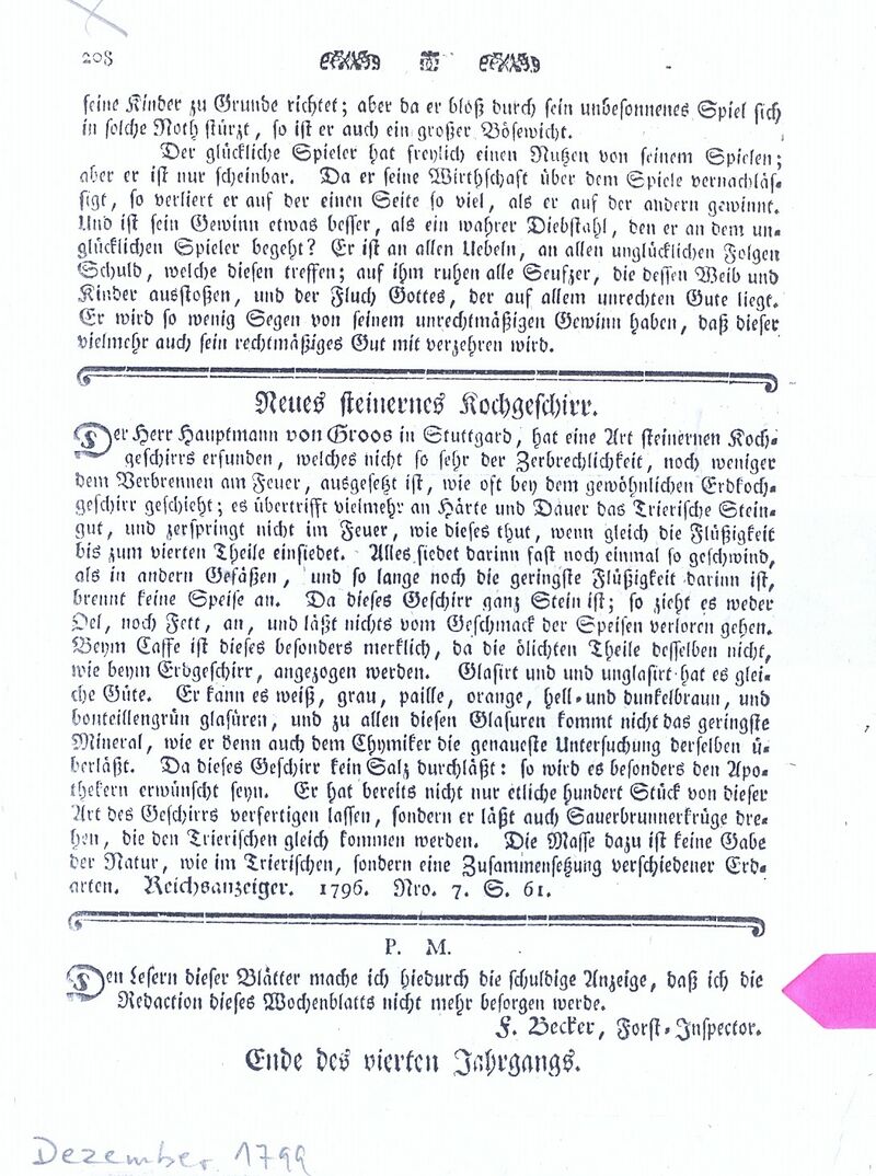 Redaktionsmeldung in den Gemeinnützigen Aufsätzen 1799