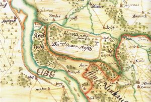 Diese Karte zeigt die Teldau als Ausschnitt auf einer Karte des Amtes Neuhaus um 1700. Der Ringdeich um die Teldau ist bereits vorhanden. Sammlung Greve