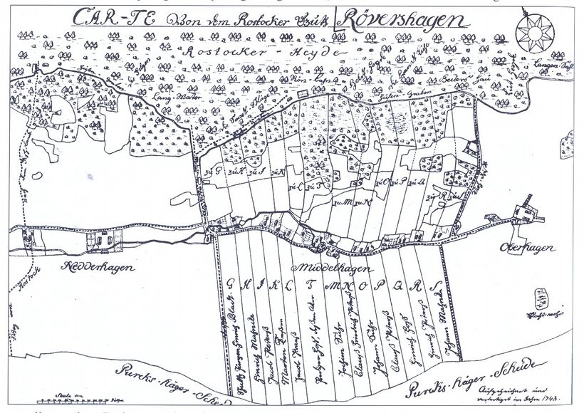Beispiel:Rövershagen, Karte 1743 von der Rostocker Huth