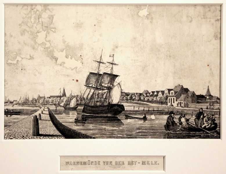 Datei:Lithographie Warnemuende Ostmole.jpg