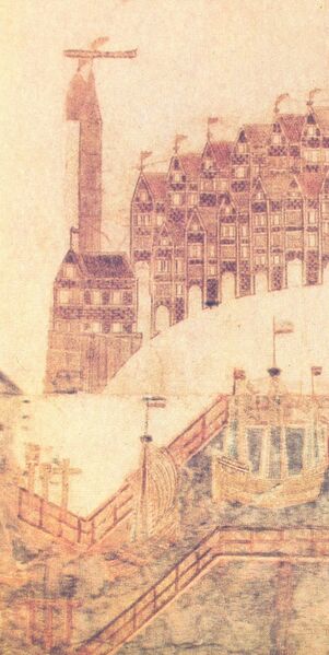 Datei:Warnemünde 1586 Leuchtturm Ausschnitt Vicke Schorler Rolle.jpg