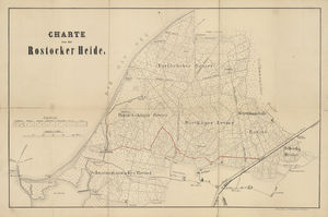 Revierkarte Rostockere Heide von Tiedemann um 1860 (Bahnlinie nachträglich eingefügt)