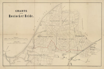 Revierkarte Rostockere Heide von Tiedemann um 1860 (Bahnlinie nachträglich eingefügt)