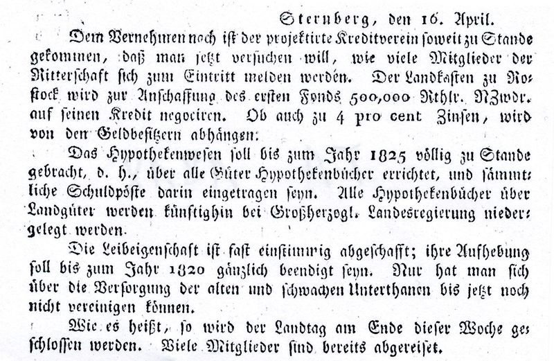 Datei:Beschluß zu Abschaffung der Leibeigenschaft auf dem Sternberger Landtag Auszug aus dem Beschlußprotokoll Quelle Freimüthiges Abendblatt April 1818.jpg