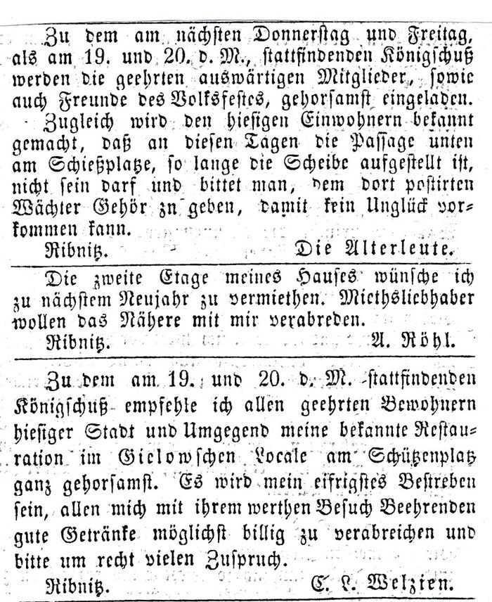 Anzeige zum Schützenfest im Ribnitzer Stadt- und Landboten am 13ten Juli 1855